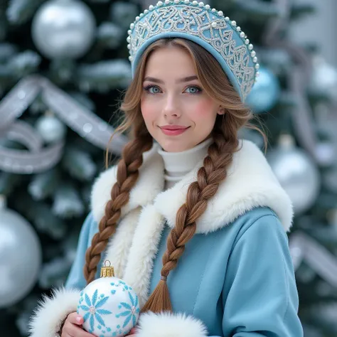 Image is a vibrant, festive portrait featuring a woman dressed in traditional Russian winter attire. She wears a light blue coat with white fur trim and a matching kokoshnik headdress adorned with intricate silver embroidery and pearls. Her long, braided h...