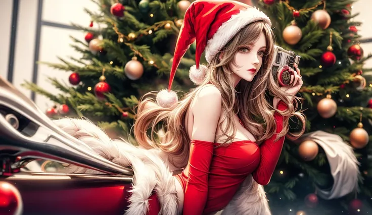 Christmas, woman dressed as Santa Claus, with long hair, holding a racing helmet in one hand and aiming a pistol in the other, background is a snowy landscape and Christmas tree, cherry-colored Honda NSX race car, 4K.