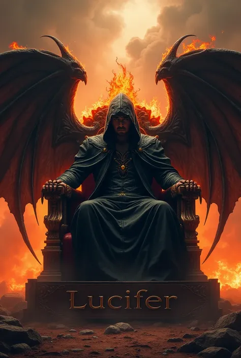 a man sitting on his throne looking at hell with a flaming black hood with wings on the back and on the throne marked " LUCIFER "