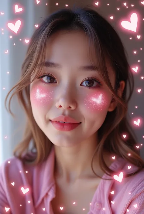 Design a viral Snapchat lens featuring a fun and trendy filter for girls, including glowing pastel blush, sparkly eye makeup, butterfly accents around the face, and a soft bokeh background. Add dynamic elements like twinkling stars and animated heart overl...