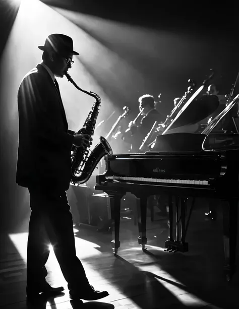 book illustrations that are professional, high-resolution, high-resolution photos of people with jazz instruments, backlit, smoky, black and white, instrument focus, highlight shadows, dont have to see peoples faces, realistic. Translated to a bit of Engl...