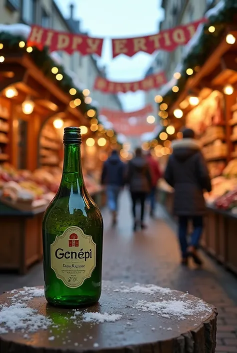 A Christmas market photo with a bottle of Génépi and a banner with Happy Birthday David written on it 