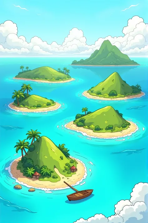 Make me a coloring picture of five islands surrounded by the sea and where one has a boat next to it