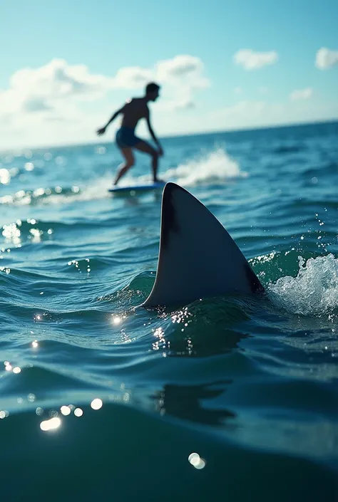 a  top focus shot on a sea with a shark fin on the side of surfing board