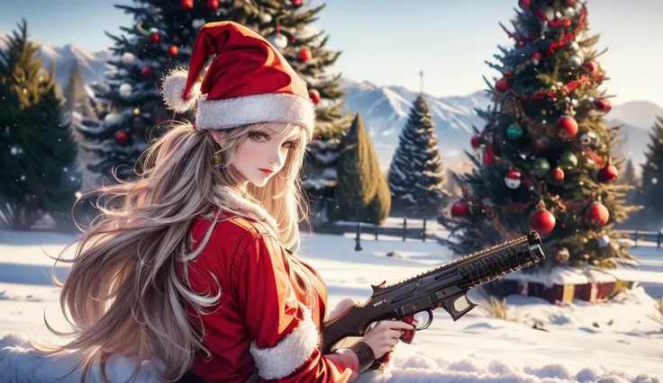 Christmas, woman dressed as Santa Claus, with long hair, holding a racing helmet in one hand and aiming a pistol in the other, background is a snowy landscape and Christmas tree, cherry-colored Honda NSX race car, 4K.