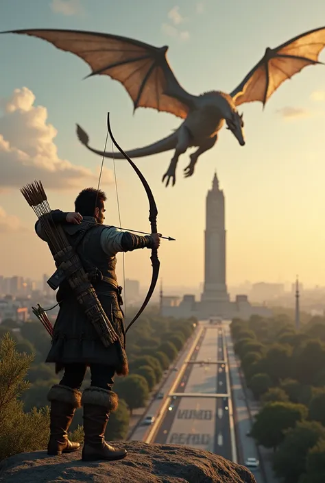 Character with a bow and arrow looking at the angel of Mexico Citys independence in an unpolluted evening and also a mythological dragon flying,  The image must be realistic  