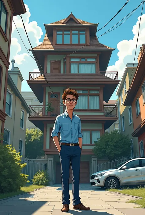 A man wearing a blue shirt, trousers, stands in front of a house in 3 tiers. 
Theres a car parked, brown hair in glasses, supportive hair, the house is in an alley next to the building.