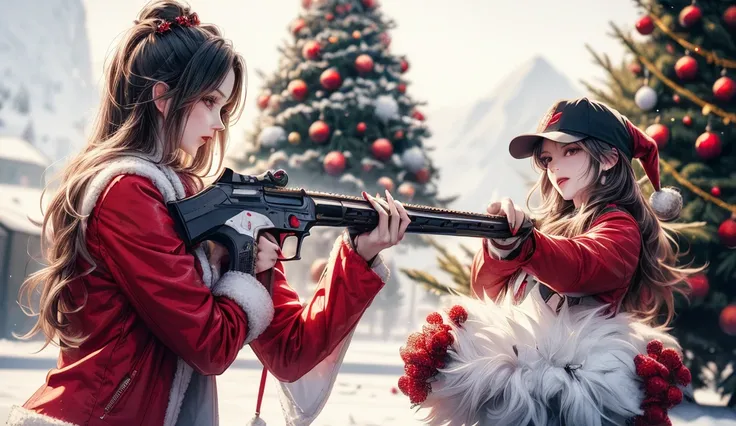 Christmas, woman dressed as Santa Claus, with long hair, holding a racing helmet in one hand and aiming a pistol in the other, background is a snowy landscape and Christmas tree, cherry-colored Honda NSX race car, 4K.