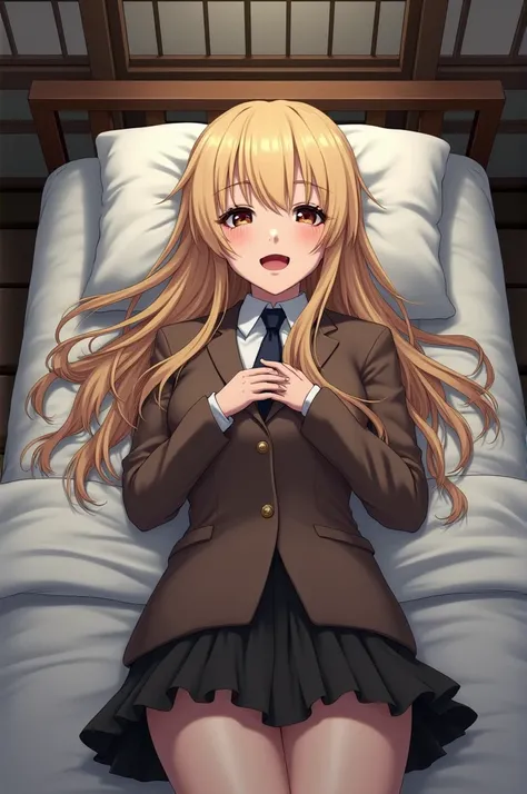  Japanese girl 、Brown blazer uniform 、 tan、Lying in bed、 anime style、Japanese infirmary 、brown skin、Satanic makeup 、Blonde