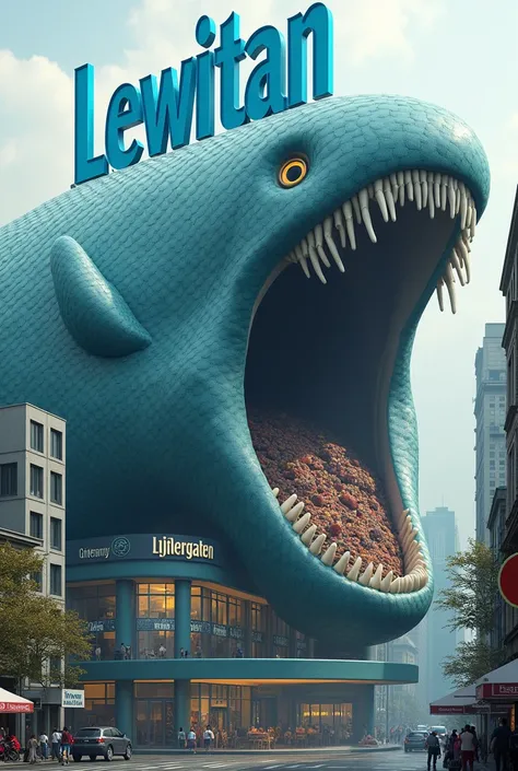 Make a grocery store with blue sign "LEWIATAN" which have a head of leviathan on top. Whole shop looks like actual leviathan