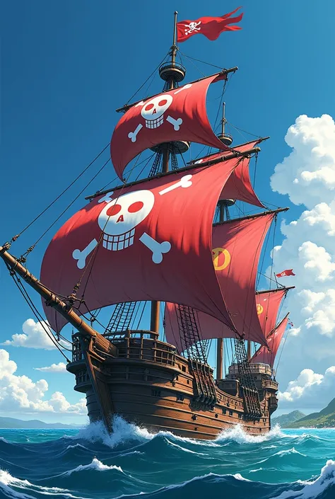 A large pirate ship in a one-piece design should therefore be drawn like an anime the name of the gang is 
 Warriors of D is the name of the gang that should you see on the sail the ship should look powerful and brutal