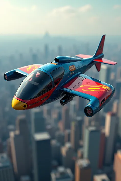 "A futuristic helicopter with Superman textures in blue, red, and yellow, featuring the S logo. The helicopter has a sleek design and hovers above a city skyline."
