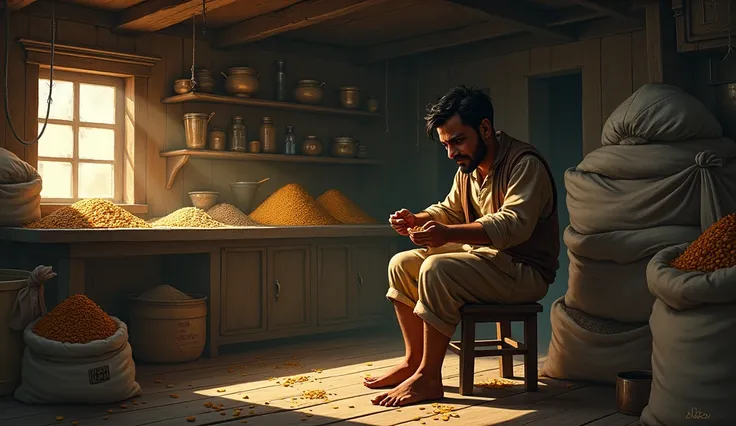 A small, poorly lit shop filled with sacks of grains and an old wooden counter. Raghu sits on a stool, counting coins with a greedy expression.