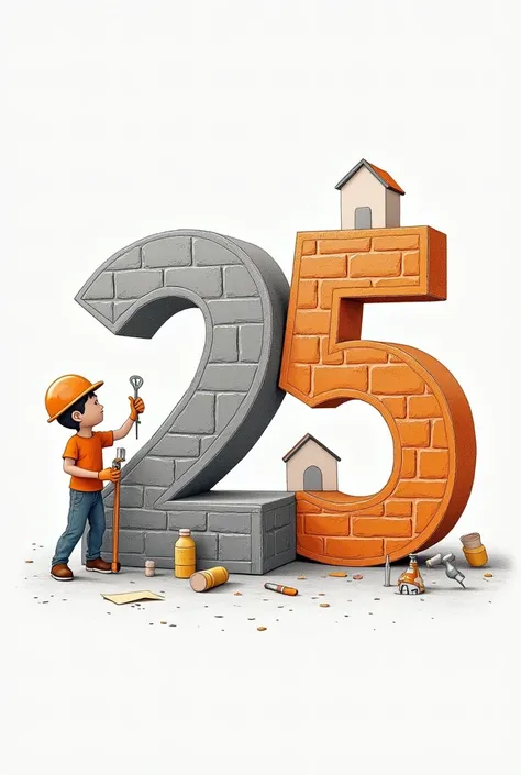 a 2025 greeting card in gray and orange tones :  The number 2 is drawn in pencil with a little guy architect who takes the measurements .  The number 0 is drawn in pencil as if it were a wall made of blocks and bricks as if it were built like a wall.  The ...