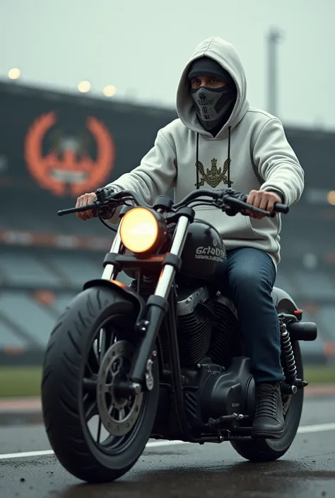  A man wearing a white Hoodie sweater and mask rides a Harley motorcycle backgroun outside the stadium, there is a LOGO NAME MOUNT SIRAH FOOTBALL CLUB IN THE STADIUM  