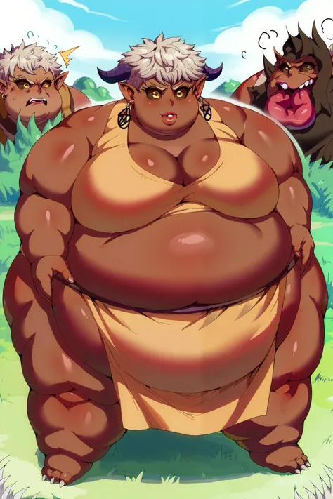 Girl becoming a monster, becoming a troll, fat, chubby, obese, pig tail, fabric clothes, loincloth, satero, short hair, large breasts, yellow eyes, white hair, horns, pointy ears, fang, dark skin, dark-skinned female, demon girl, demon horns, colored scler...