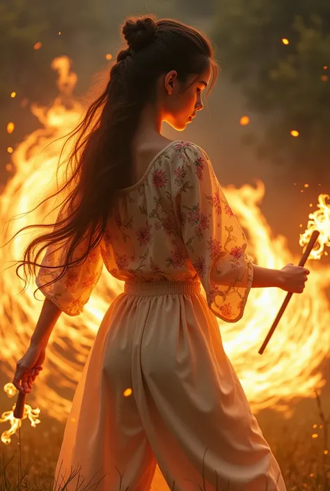 Beautiful girl with long hair and a braid dressing with long puffy trousers and a beautiful floral shirt, playing with firesticks and fire