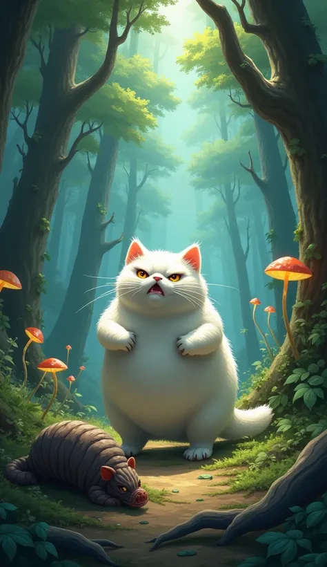 "A dramatic illustration of a chubby white cat with a furious expression standing triumphantly in a dense, mystical forest after defeating a pangolin in battle. The defeated pangolin lies on the ground, looking exhausted and defeated, while the cat stands ...