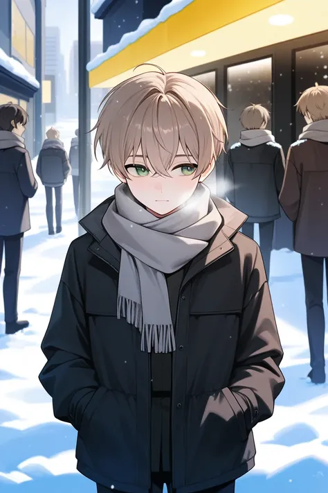 Boy,  light brown hair , green eyes , dark jacket,Gray scarf, stands on the street, waist-deep , snow is falling,at the back of the garland.