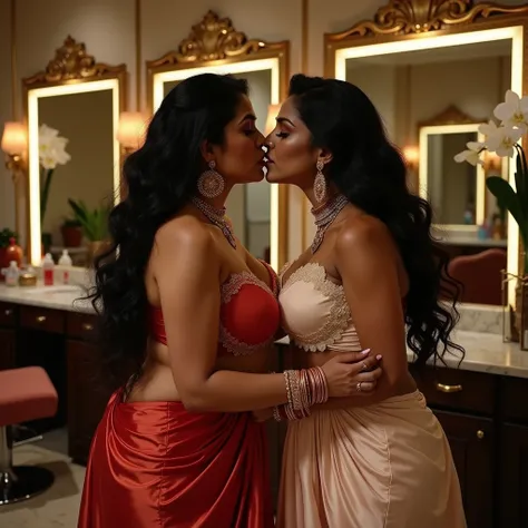 The scene showcases two Indian aunties, both exuding an aura of divine beauty reminiscent of goddesses, in their early 50s, with rich, wheatish complexions, and curvaceous figures that command attention. Their facial features are striking, with high cheekb...