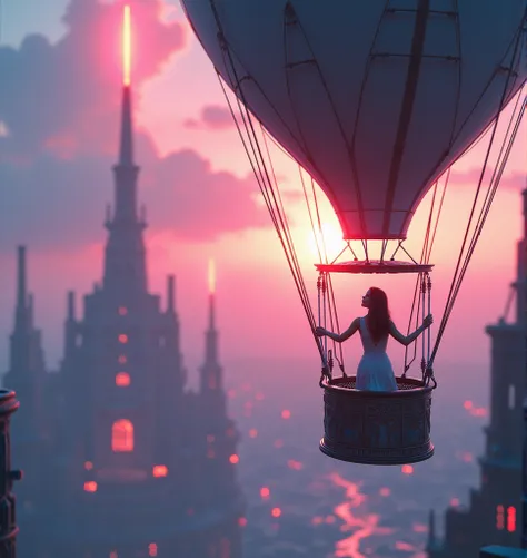 A WOMAN IS FLYING IN A HOT AIR BALLOON 8K resolution hyperdetailed Art of Illusion . biopunk . 8K 3D fantastical dystopian vaporwave 