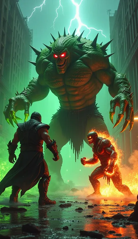 Heres a modified version of the prompt incorporating Abomination and Mortal Kombat elements:  

"A dramatic nighttime standoff between a towering, monstrous hybrid brute and a brutal infernal kombatant, merging the raw, destructive power of Abomination wit...