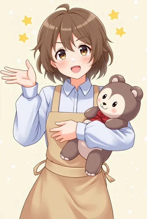 Age 20～ 30s
Hairstyle loose wavy short hair
She has a bright expression and a smile
Clothes Im wearing a cute apron for s
Picture book with pose in one hand、Im holding a stuffed animal with one hand
Details nursery teacher 