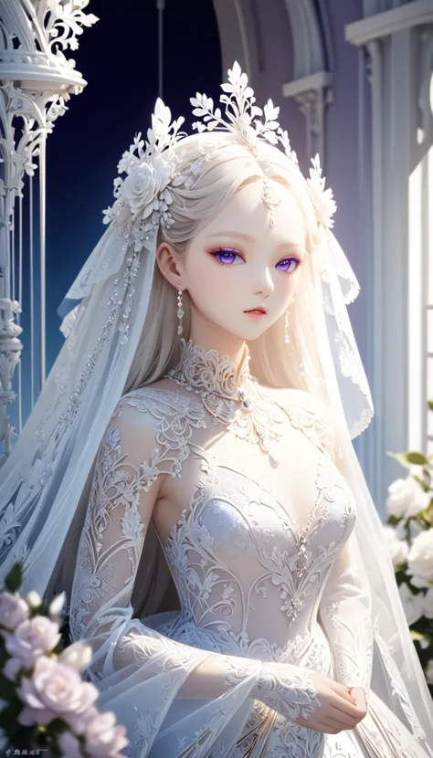 Wedding costumes。 A Bride as Beautiful as Silverwork。 Stately and Prestige Pure White Wedding Dress 。 Delicate and Exquisite Openwork Patterns and Lace 。Pearl and Gold Ornaments 。 Blue Gradation from Light Blonde to Hair。 Purple Eyes Seen Through Maria Val...