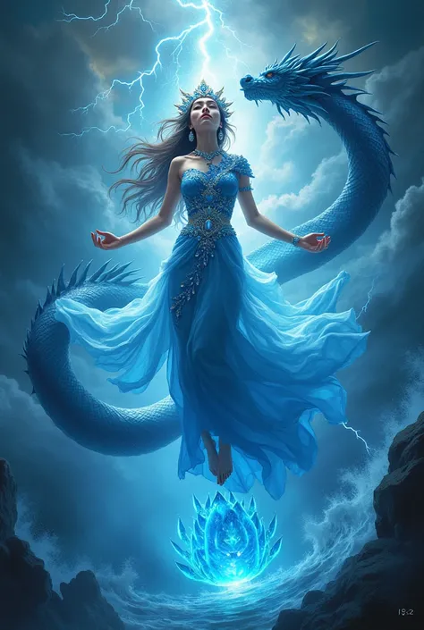 A stunningly beautiful goddess floating on a gleaming blue crystal pearl-clamp wearing Javanesse "batik" royal regalia, surrounded by a whirlwater and glittering fog, amidst a surreal, blue dragon slithering surround her with the head shows behind her, as ...