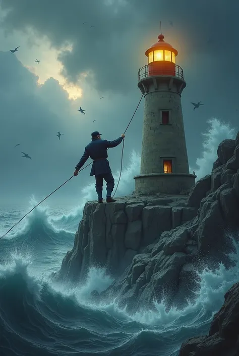 
A dramatic scene of a lighthouse keeper rescuing a sailor during a tempest. Focus on the figures: the keeper, a strong, determined figure, reaching out with a rescue line towards the sailor, who is clinging to a shipwreck, their face etched with fear and ...