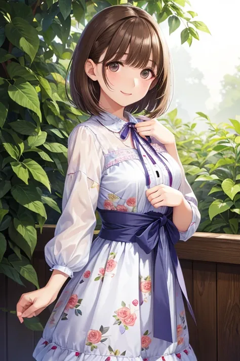 A woman in a fashionable dress decorated with floral patterns and ribbons、my grandmother、 Shiny chestnut hair ,  short hair, ( Pretty Brown Eyes )、smile、 sparkling eyes , (Fine grain)、 super detailed eyes、Highly detailed faces,  very detailed eyes, cowboy ...