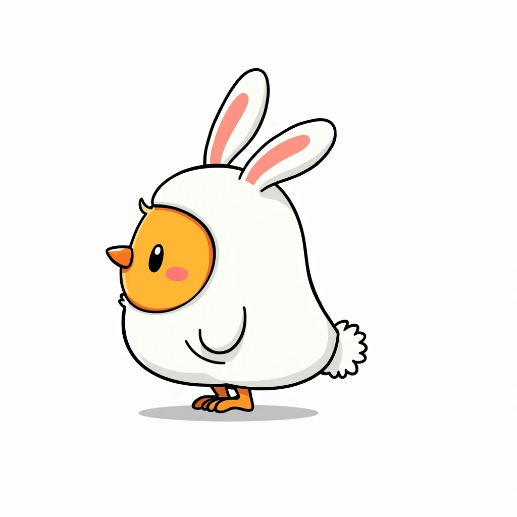 A cute, cartoonish, chubby bird character wearing a white rabbit costume. The bird has a round, orange body with a slightly pointed beak.  Large, fluffy, white rabbit ears are on its head. The bird is standing on two small, orange feet.  The costume is sim...