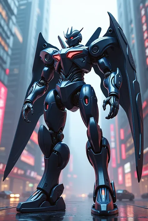 3D futuristic winged superhero robot humanoid black blue silver red