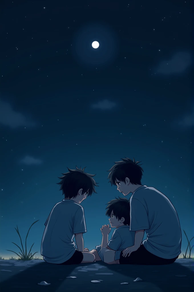 Three boys are talking in the moonless night. Only the moonlight of the moon is visible. One of the three is lying down and the others are sitting, and their figures are only slightly visible in the moonlight