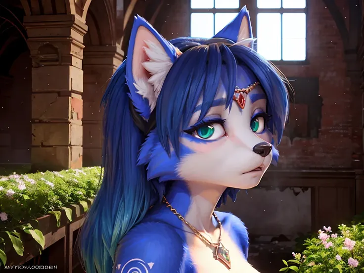 ((krystal)), Star Fox-Krystal, lovable, green eyes, ((( Long blue hair 1 .3))), Decollete, anthro, Fuzzy,  detailed Fluffys fell,  detailed face , (Fluffy),  1 girl, ,woman, Goth, green eyes, undercut, ultra-realistic 8k cg ,  masterpiece, (( ultra-detaile...