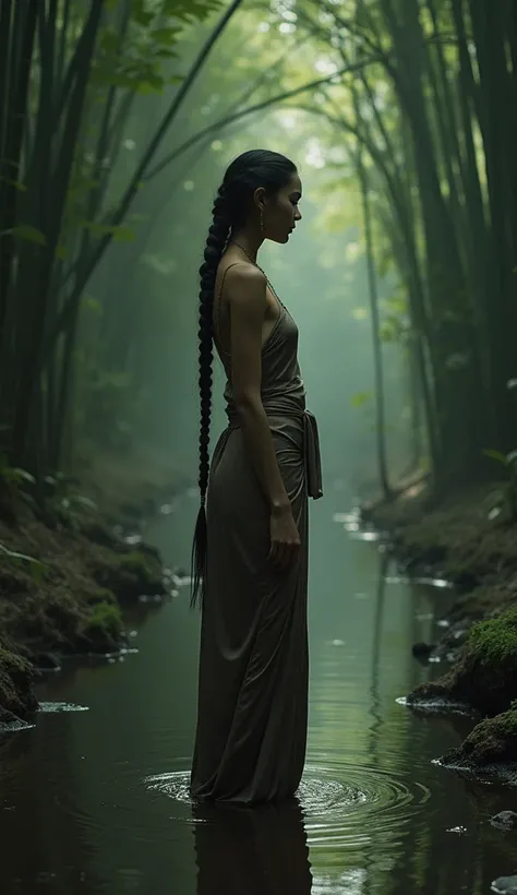 young woman in classical Javanese dress ,on his shoulder there is a medium black mark , a very large round ass standing on the bank of a small river with a mysterious beam of light around it. Her hair is neatly braided ,  but there are faint details in the...