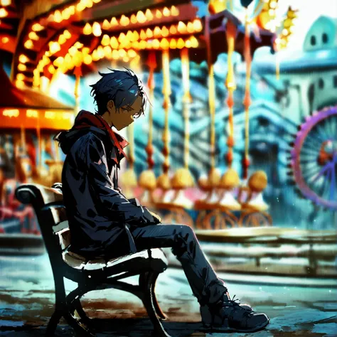 1 male, sitting on iron bench, dark abandoned amusement park background, High Resolution, Award Winning, Simple background, Depth Of Field, Futurism, Best Quality, UHD, Frown, 