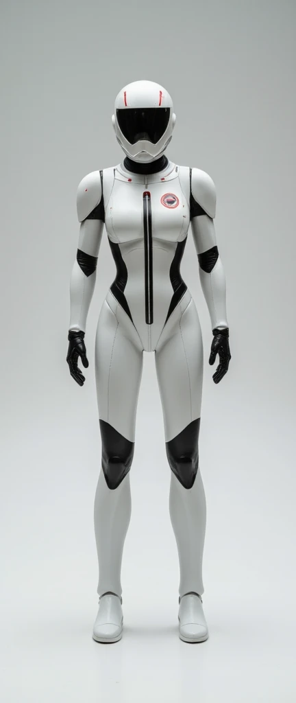 The image depicts a detailed, futuristic humanoid figure standing against a plain, light-colored background. The figure is predominantly white with black and red accents. It has a sleek, aerodynamic design, with a helmet-like headpiece that covers its eyes...