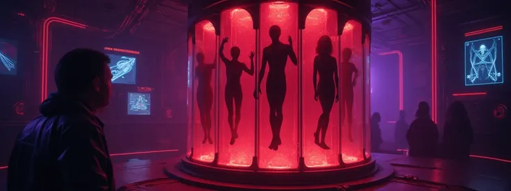 An illustration of a dark, mysterious technology laboratory with a dystopian atmosphere. In the center of the room, several glass tubes glow with an intense red and purple light, exuding a sense of unease. Inside the tubes, black silhouettes of human figur...