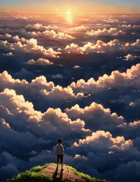 Fraction_9, Fraction_8_above, the atmosphere is peaceful and serene --v 5 --stylize 1000There is a sea of clouds realist!!!!!。,Evening serena!!!!!, Textured clouds anime-style a painting of a boy with arms outstretched!!!!! on the edge of an abyss !!!...