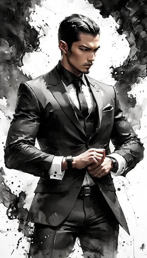 Neo-noir futuristic art style, dynamic center view, waist-up view, semi-realistic anime-style man. Stand straight, adjusting the cuff at the wrist, firm and composed posture. Black hair neatly slicked-back, parted left, with slight volume on top. Warm brow...