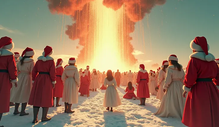 Create an image of people celebrating Christmas all in white and red clothing while fire raining from heaven people laying down on The ground hurting   in the day time clear day