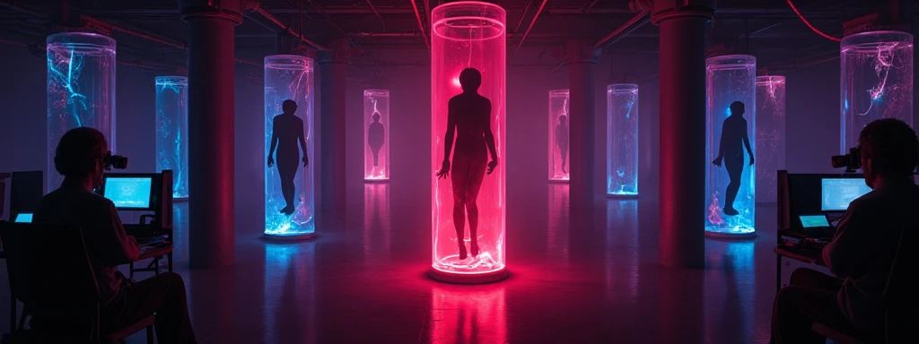 An illustration of a dark, mysterious technology laboratory with a dystopian atmosphere. In the center of the room, several glass tubes glow with an intense red and purple light, exuding a sense of unease. Inside the tubes, black silhouettes of human figur...