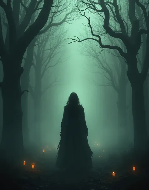 An atmospheric and haunting scene set in a dark, foggy forest. At the center, a shadowy silhouette of a woman stands with her back to the viewer, wearing an old, tattered cloak. The twisted branches of the trees appear almost claw-like, reaching toward her...