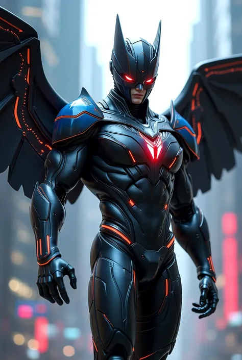 3D futuristic winged superhero black blue silver red