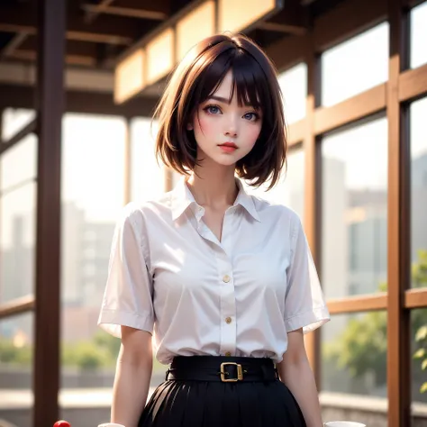 The image is a high-resolution photograph featuring an attractive young Asian woman standing on a covered walkway, likely in an urban area with tall buildings and greenery in the background. She has straight, bob brown hair with bangs, and a fair complexio...