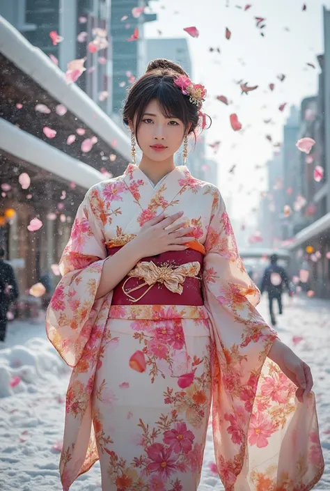 Contemporary Art, artwork, The theme is  "Petal rain",  Various petals falling like rain , Snow-covered city,  Japanese woman in a kimono ,  Petals falling on a woman ,  beautiful composition , fantasy,  The colors of the kimono and petals are extremely br...