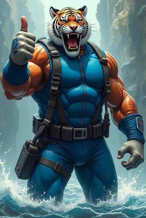 (A rugged beefy extremely muscular bulky old man), (wearing blue zipper wetsuit), (wearing realistic roaring tiger mask), thumbs up pose,  wearing bulky scuba gear, muscular physique, toned muscles, fierce, heroic, action, comic artstyle, bulky best qualit...