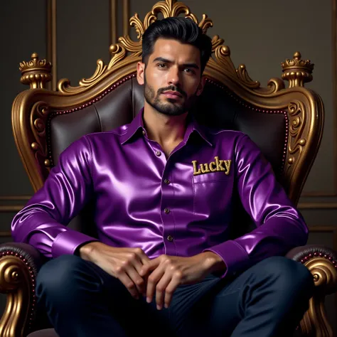 Handsome man wearing purple glossy shirt with name "LUCKY" sitting on kings chair 