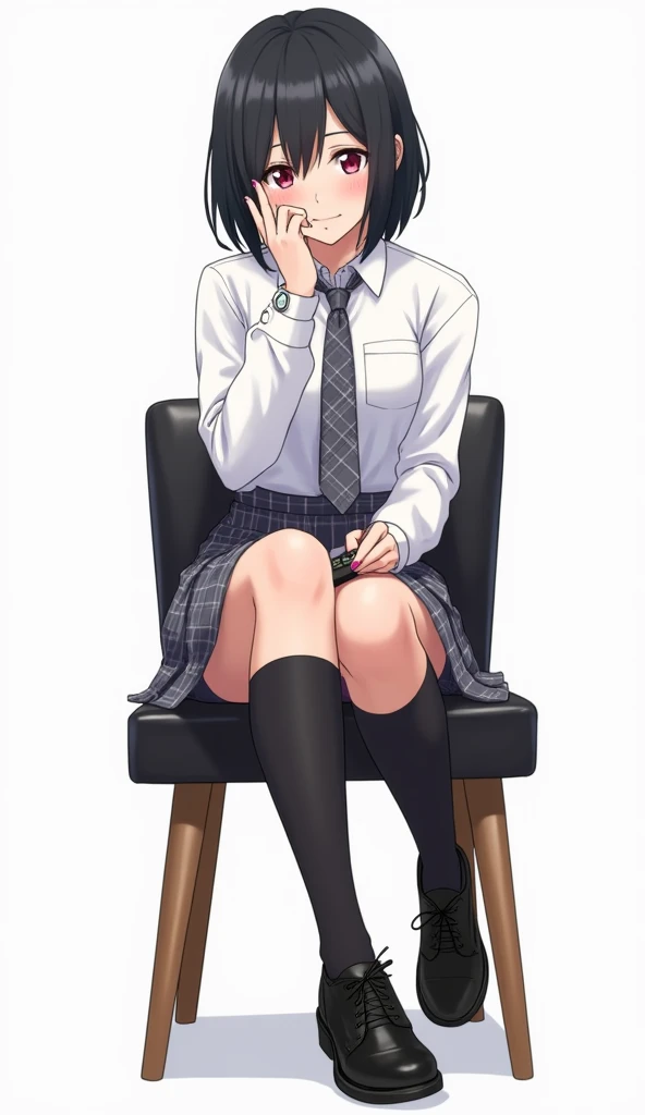  Teenage woman with black and short hair and with white anime watch and with pink nails with white shirt with long sleeve and plaid tie in dark gray and white and pleated plaid skirt in combination of dark gray and white colors, following a uniform pattern...